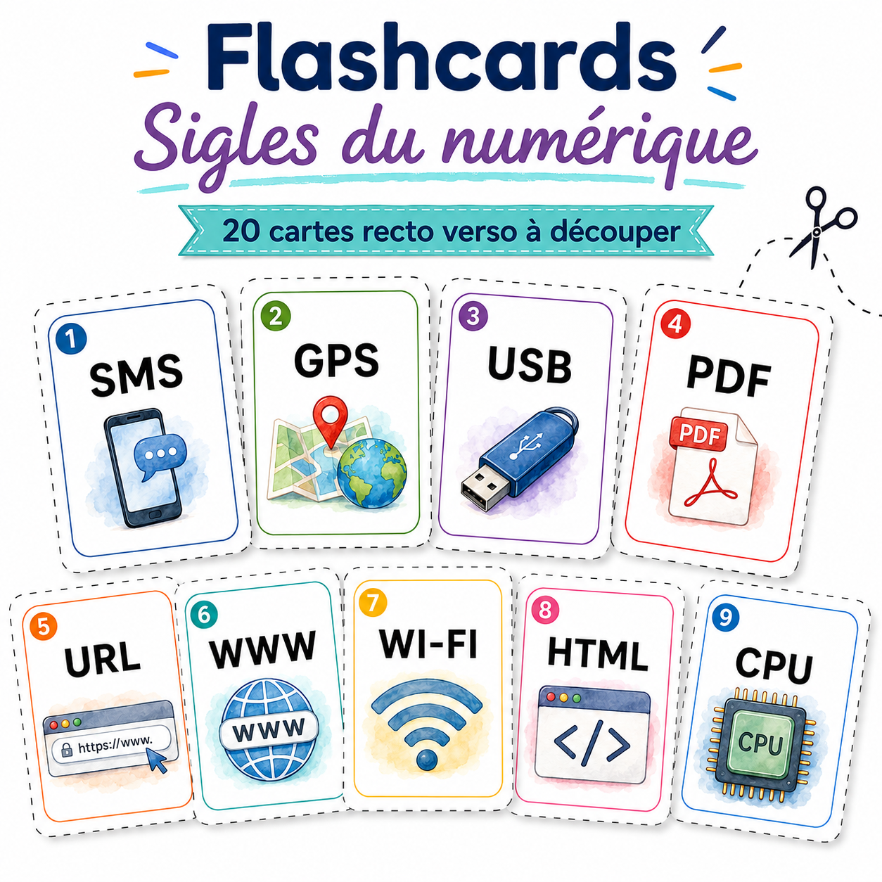 20 flashcards des sigles du numérique pour apprendre le vocabulaire informatique en classe